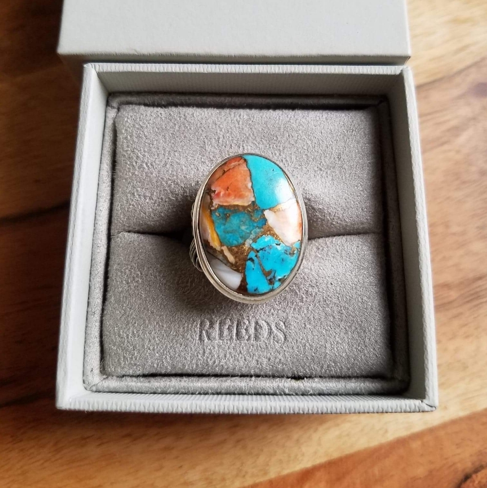 Compressed Stabilized Spiny Oyster Turquoise Cabochon 925 Silver Ring